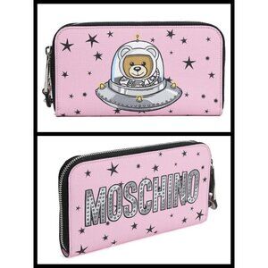 💕MOSCHINO💕 Space Ship Bear Zip Around Wallet Pink NWT 100% Leather
